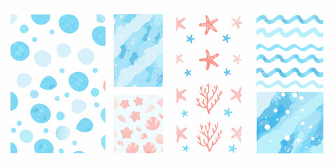 Watercolor sea themed patterns with bubbles waves coral and starfish on a white background aquatic marine oceanic underwater life reef seaweed water droplets © Milon