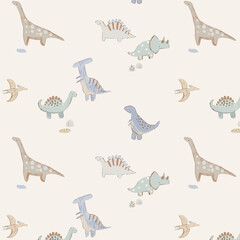 Gentle watercolor dinosaurs scattered across a soft cream background in a playful child-friendly pattern © Creativezone