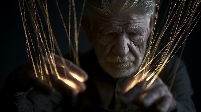 Prompt: A low-key portrait of an old puppeteer. From his fingers, glowing golden lines of starlight stretch out into the darkness to control an invisible puppet. Soft warm light hits his concentrated 