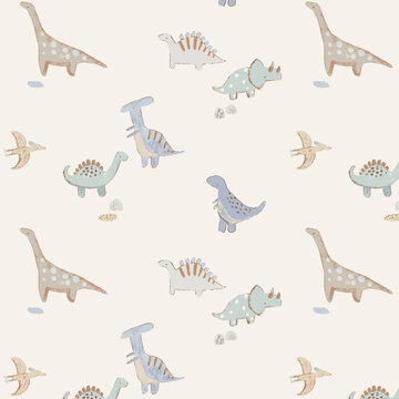 Gentle watercolor dinosaurs scattered across a soft cream background in a playful child-friendly pattern