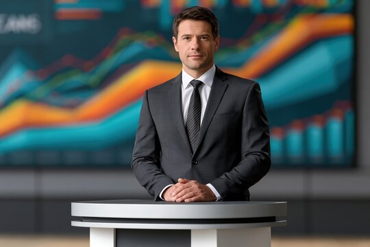 News anchor man standing behind desk in broadcast studio with screens