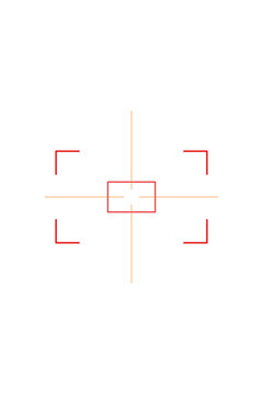 Film camera rangefinder patch with dashed focus frame. Isolated transparent PNG crosshair overlay for Photoshop and video.