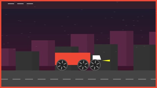 Minimalist vector illustration of a red cargo truck driving through a dark urban cityscape at night under a purple sky with flat design aesthetic