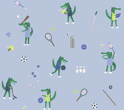 Whimsical alligators engaging in diverse sports activities on a pastel background