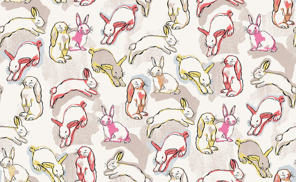 Whimsical bunny pattern with pastel accents on a textured background