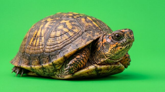 Realistic Box Turtle on Greenscreen peeking out from its shell cautiously and looking around curious, studio close-up of a realistic turtle on a chroma key background.