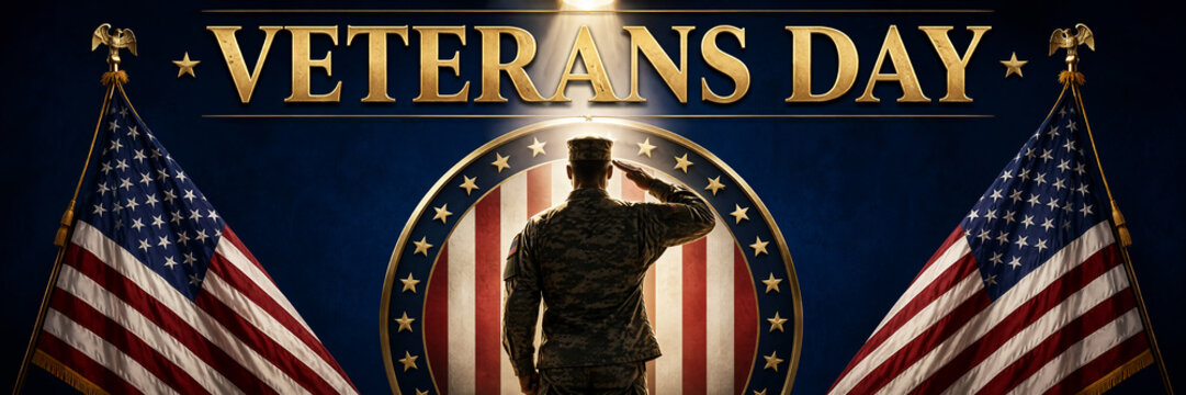 Veterans Day celebration with soldier saluting in front of flags