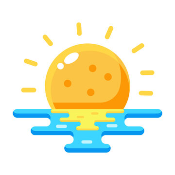 Flat icon of a warm setting sun above water with glowing rays.