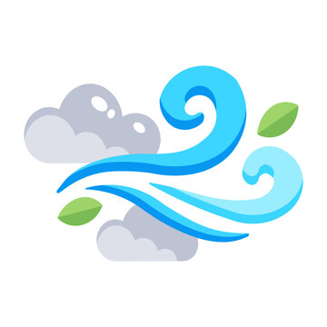 Flat icon showing powerful blue wind gusts moving through clouds and leaves.