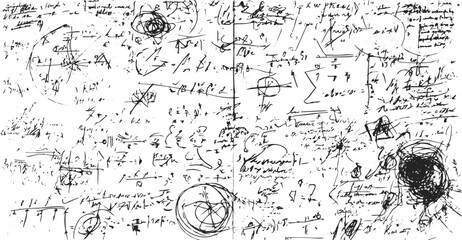 Obraz premium Abstract Handwritten Notes Background with Scientific Formulas and Cryptic Diagrams in Black Ink