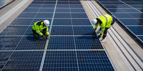Obraz premium Solar electricity power technology for sustainable energy, solar panel worker rooftop installation safety vest hard hat renewable energy maintenance technician electricity solar panel worker
