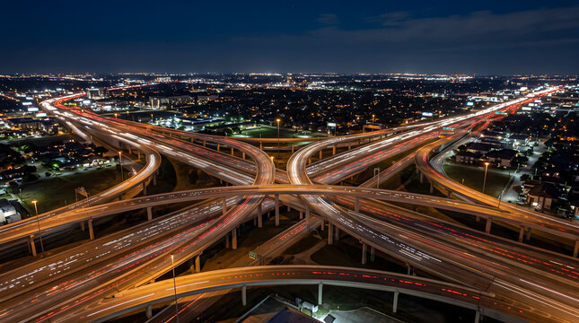 Night Aerial View of Multi Layer Highway Interchange with Light Trails.