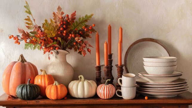 Pumpkins, taper candles and stacked ceramic plates on retail shelf, Thanksgiving tabletop setting concept
