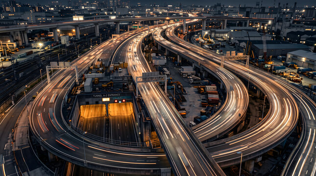 Long Exposure Night View of Complex Highway Interchange and Tunnel Entrance.
