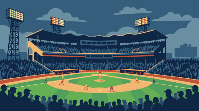 Baseball Stadium Field Sport Game Flat Design Illustration Vector Graphic Featuring Fans In A Professional Sports Arena Environment