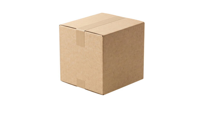 Square cardboard delivery box isolated on transparent background for e-commerce logistics