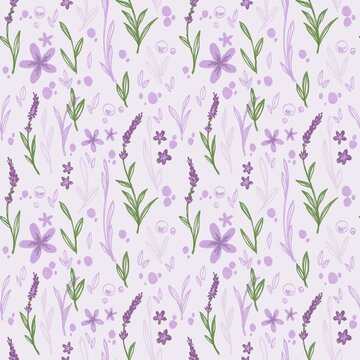 Lavender flowers seamless pattern with green leaves on lilac background