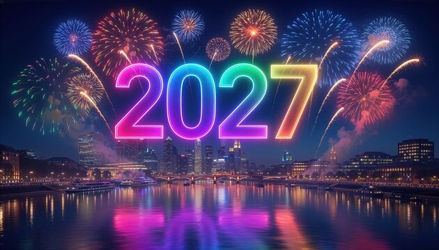 Bright glowing 2027 neon sign above a city skyline with colorful fireworks display for New Year celebration and festive event greetings.