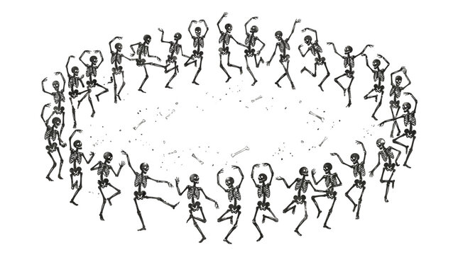 Intricate ink skeletons dancing in a joyful circular formation on a textured off white paper background