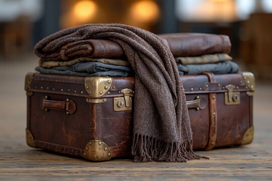 Vintage leather suitcase with folded clothing and cozy woolen blanket
