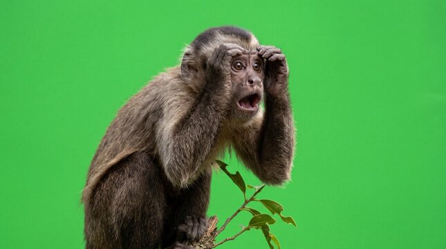 Realistic capuchin monkey on a green screen using an invisible telescope to spot something shocking, showing a surprised facial expression and open mouth isolated on chroma key background.