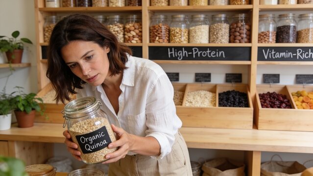 Green living woman in zero waste store interested in purchasing bulk products with high nutritional value. Client does pantry staples shopping in sustainable local neighborhood supermarket
