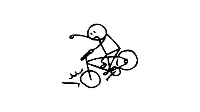 4K hand drawn bicycle bumpy road hazard pop-up icon featuring boiling line animation. Frame by frame line art on black and green screen backgrounds for uneven bike path, cycling obstacle, fall risk.