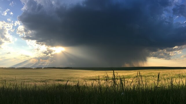 Sun rays piercing dark clouds over a peaceful field, providence and hope concept
