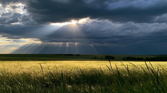 Sun rays piercing dark clouds over a peaceful field, providence and hope concept
