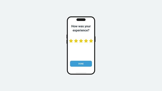 Animated 2D smartphone mockup revealing a minimalist mobile app UI for customer reviews, Yellow stars and a green checkmark visualize a satisfaction survey concept on a light background