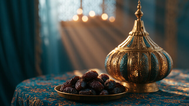 traditional arabian lantern and dates on ornate table, ramadan iftar suhoor concept.