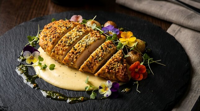 Roasted pork fillet with seeds and edible flowers on a dark plate served with a creamy sauce. romano chicken recipe