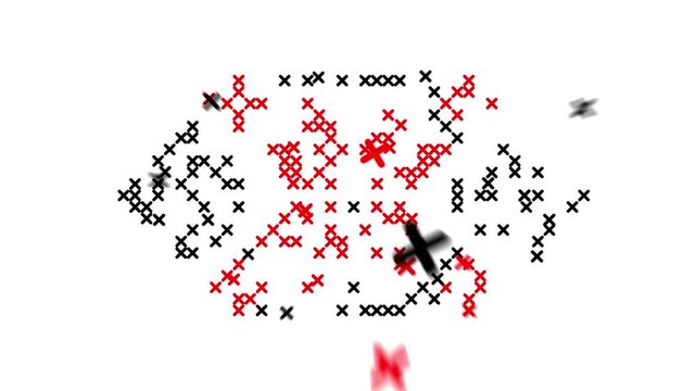 Ukrainian Embroidery Animation, Cross Stitch Ornament Assembly, Falling Stitch Effect, Traditional Vyshyvanka Pattern Reveal, Folk Embroidery Motion Graphics, Vector Style Background