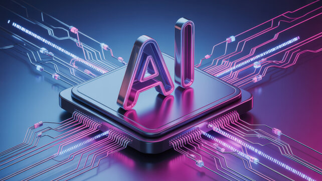 Three dimensional AI text standing on a futuristic computer processor chip with glowing circuit board lines.