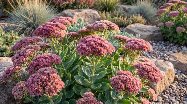 Pink sedum stonecrop flowers blooming in a rocky garden landscape  