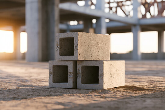 Stacked hollow concrete blocks at an unfinished construction site