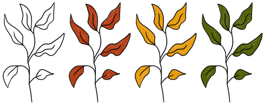 Plants of different colors symbolize the various seasons. Each plant illustrates distinct stages of growth and change. The composition is designed in a minimalist style against a solid, transparent ba