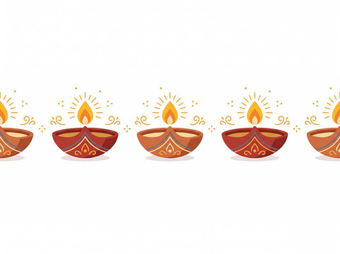 Seamless Diwali Border with Glowing Clay Diya Lamps, Festive Indian Celebration Design
