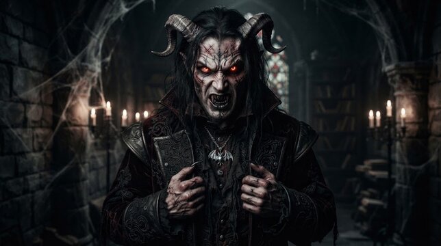 demon halloween vampire creature horned monster dark gothic castle background horror theme
