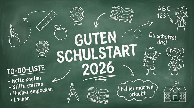 Chalkboard background with hand drawn school supplies and german text wishing a good start to school 2026