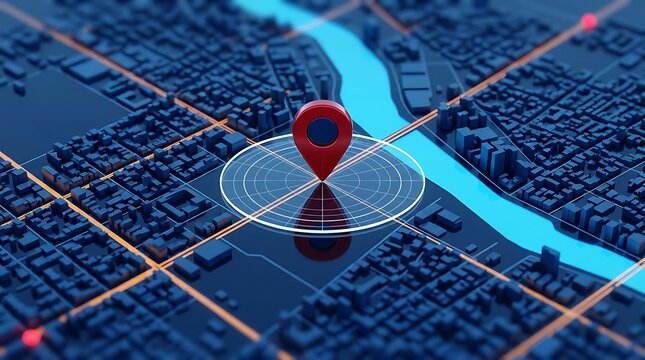 3D map with digital city navigation and location pin showing route and destination for urban exploration or travel planning.