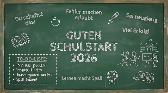Green chalkboard with german text guten schulstart 2026 and hand drawn educational doodles for back to school