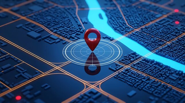 3D map with digital city navigation and location pin showing route and destination for urban exploration or travel planning.