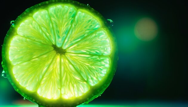 A backlit crosssection of a lime slice with visible pulp vesicles and water droplets against a dark background