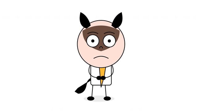 Cute Siamese Cat Cartoon Character Holding Carrot with Worried Expression on White Background