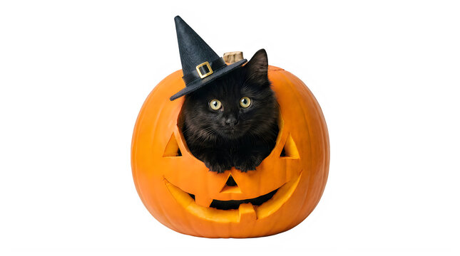 Cute black kitten wearing a witch hat sitting inside a carved pumpkin isolated on transparent background