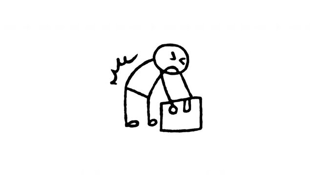 4K hand drawn heavy lifting back pain pop-up icon featuring boiling line animation. Frame by frame line art on black and green screen backgrounds for manual handling hazard, spine injury, weight postu