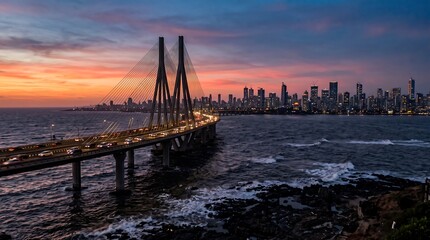 Naklejka premium Bandra-Worli Sea Link Mumbai at Sunset – Iconic Cable-Stayed Bridge