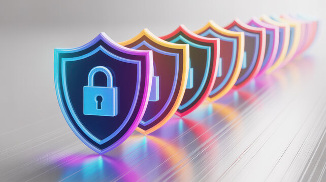 A row of colorful glowing shield icons representing digital security and data protection.