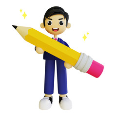 3d character man holding a giant pencil